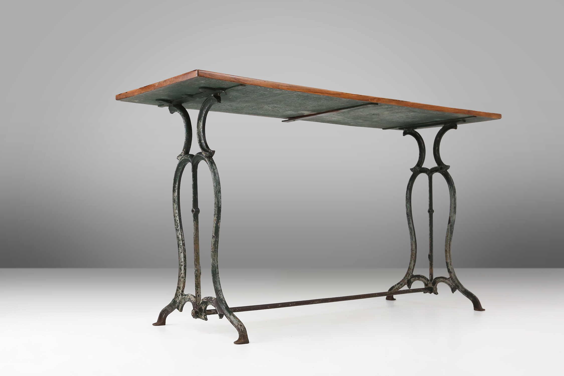 French bistro table with elegant metal base and oak top, ca. 1890thumbnail